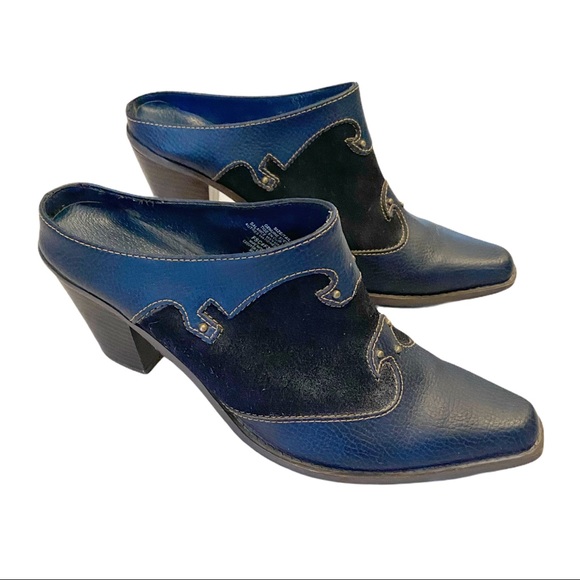 Vintage Shoes - Blue leather and suede western cowboy mules